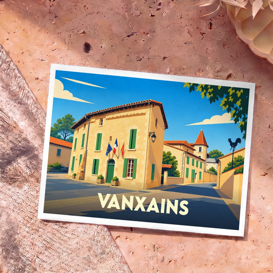 Carte postale souvenir de la ville de Vanxains avec une illustration stylisée.