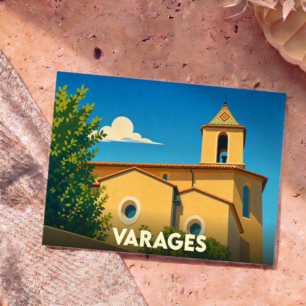 Carte postale souvenir de la ville de Varages illustrant son église provençale dans un style graphique et épuré.