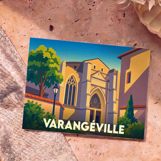 Carte postale souvenir de la ville de Varangéville avec une illustration stylisée de son église.