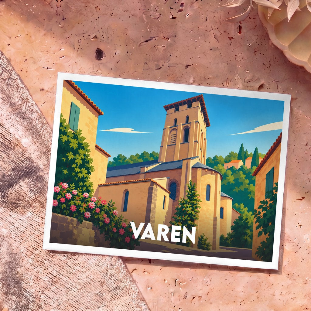 Carte postale souvenir de la ville de Varen avec une illustration stylisée de son église en pierre sous un ciel bleu.