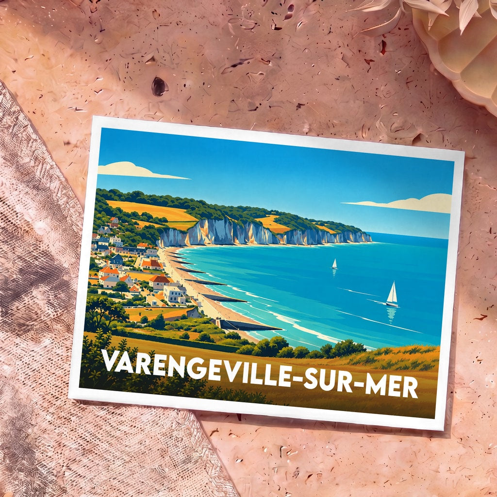 Carte postale souvenir de Varengeville-sur-Mer illustrant ses falaises et son littoral dans un style rétro coloré.