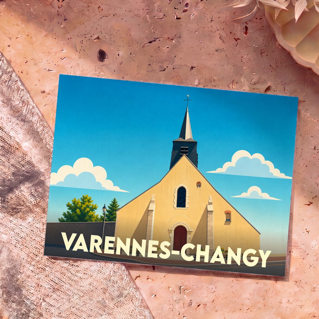 Carte postale souvenir de Varennes-Changy avec une illustration stylisée de son église sous un ciel bleu.