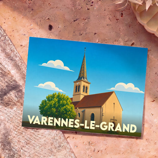 Carte postale souvenir de la ville de Varennes-le-Grand avec une illustration stylisée de son église.