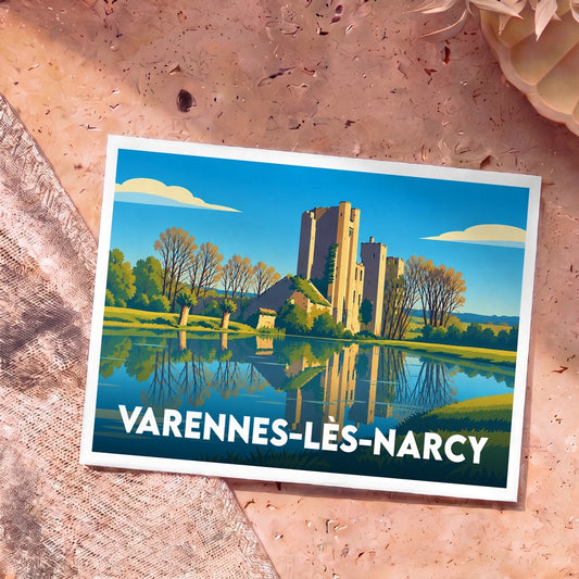 Carte postale souvenir de la ville de Varennes-lès-Narcy illustrant le château de Passy-les-Tours se reflétant dans l'eau.