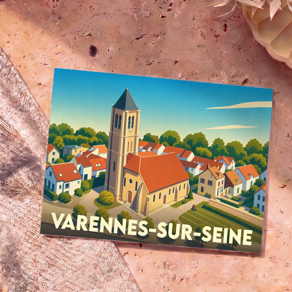 Carte postale souvenir de la ville de Varennes-sur-Seine avec une illustration stylisée de son église et de ses maisons.
