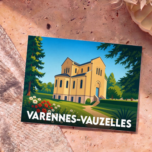 Carte postale souvenir de la ville de Varennes-Vauzelles avec une illustration stylisée.