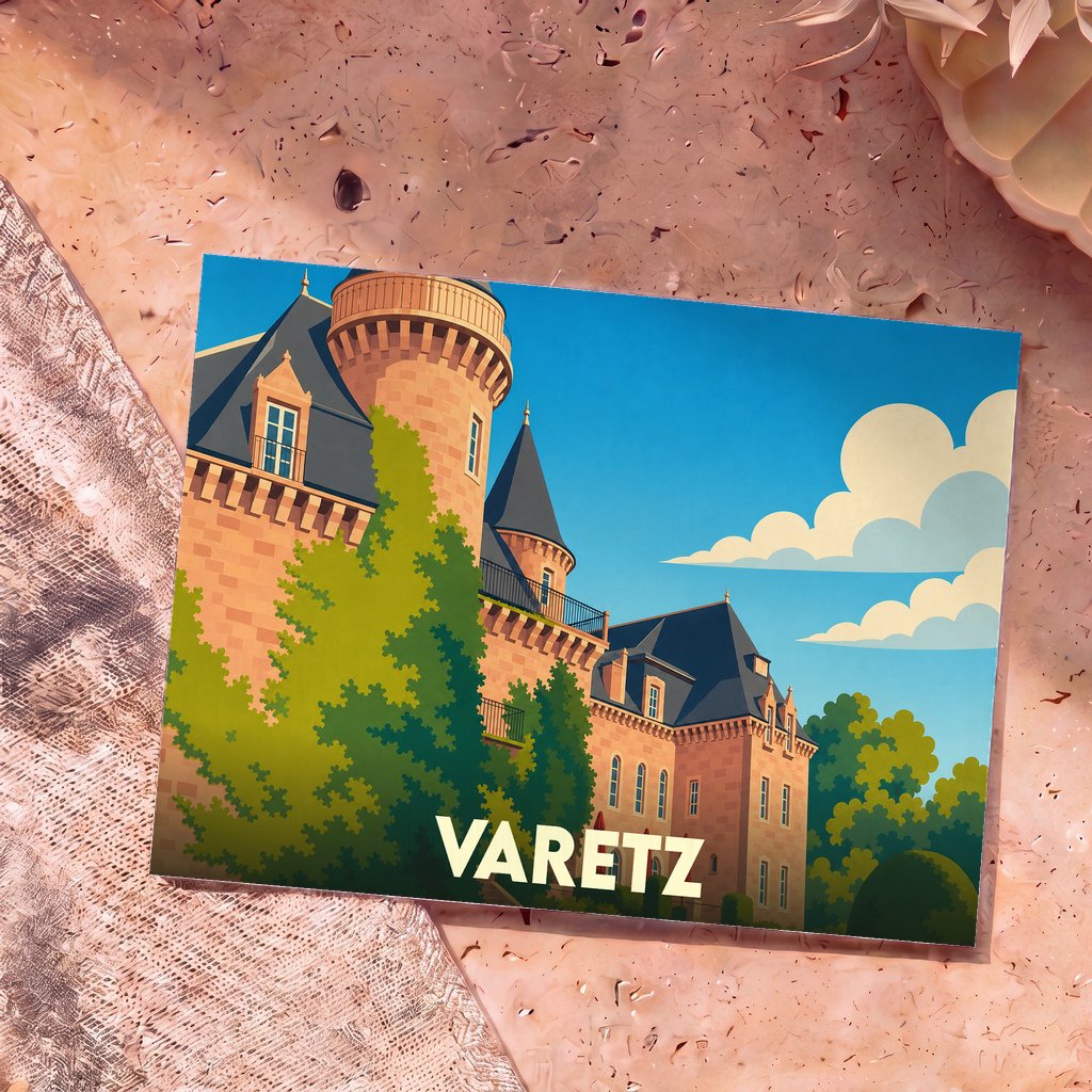 Carte postale souvenir de la ville de Varetz avec une illustration stylisée de son château.