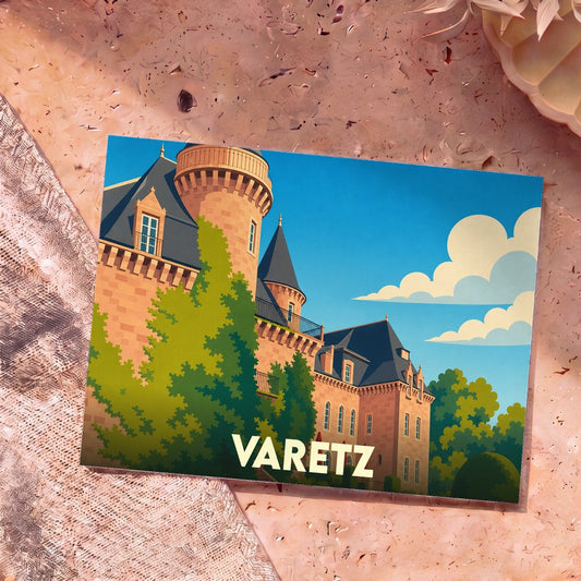 Carte postale souvenir de la ville de Varetz avec une illustration stylisée de son château.