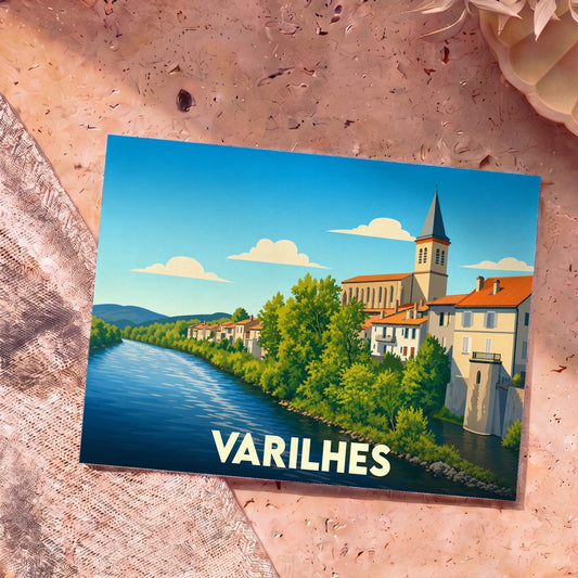 Carte postale souvenir de la ville de Varilhes avec une illustration stylisée d'un paysage fluvial.