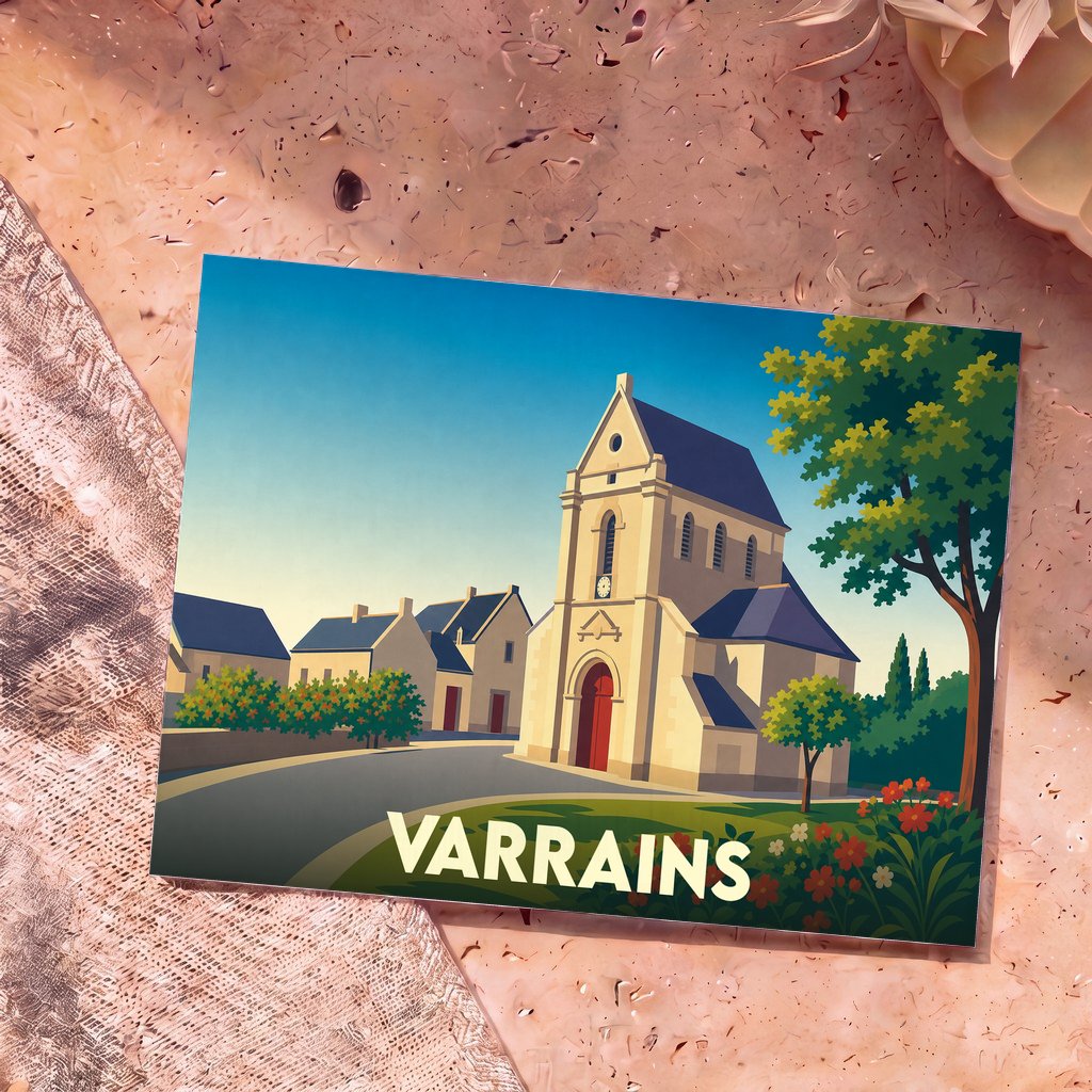 Carte postale souvenir de la ville de Varrains illustrant son église dans un style graphique et coloré.