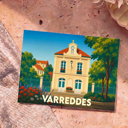 Carte postale souvenir de la ville de Varreddes illustrant l'hôtel de ville dans un style graphique épuré et coloré.