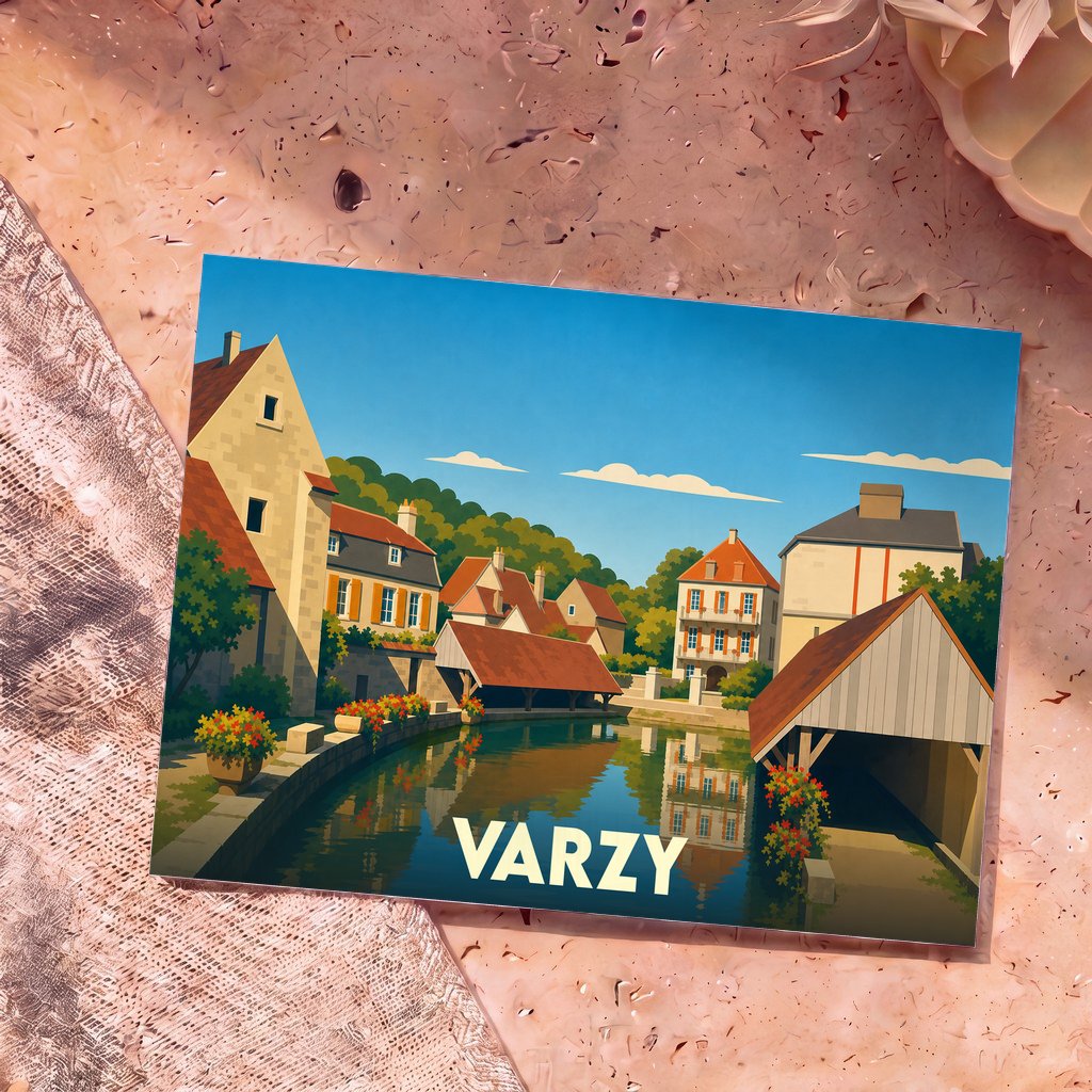 Carte postale souvenir de la ville de Varzy avec une illustration stylisée d'un canal bordé de maisons pittoresques.