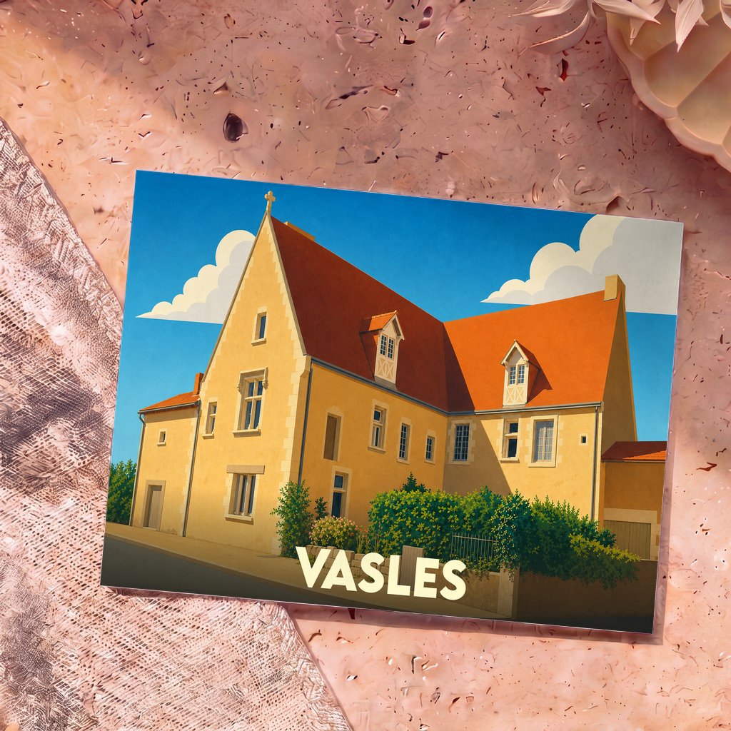 Carte postale souvenir de la ville de Vasles avec une illustration stylisée d'un bâtiment traditionnel.