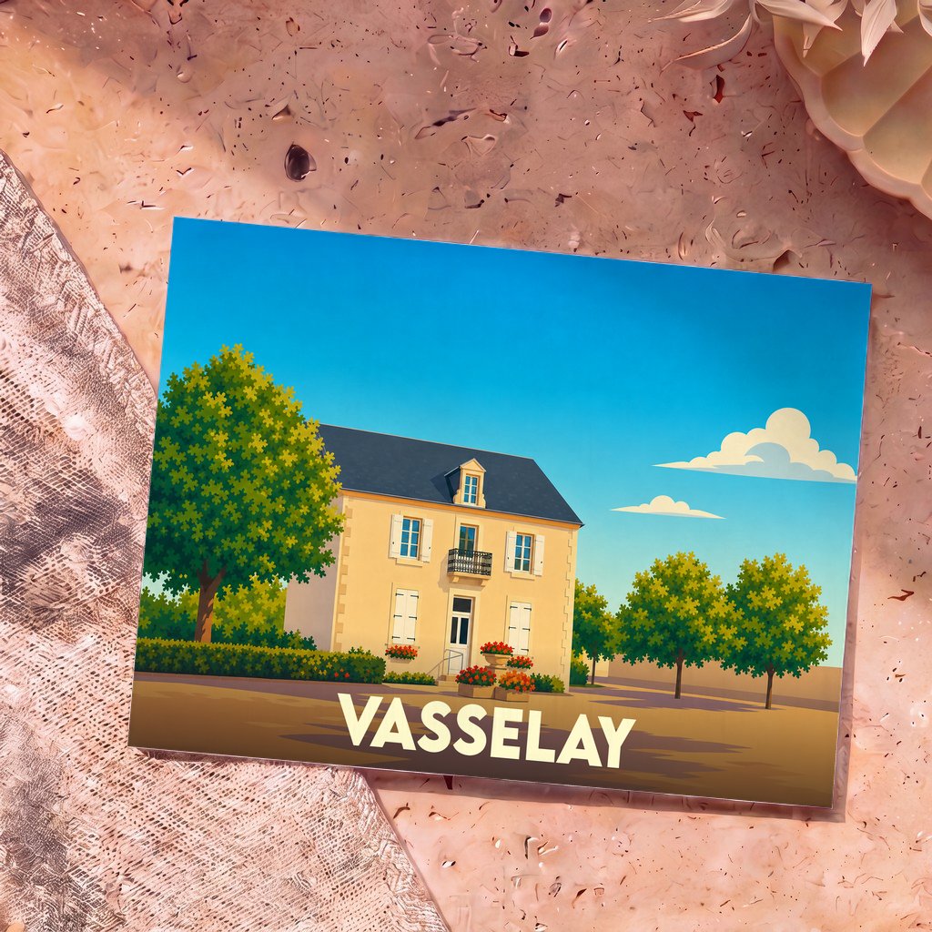 Carte postale souvenir de la ville de Vasselay avec une illustration stylisée d'une maison traditionnelle sous un ciel bleu.