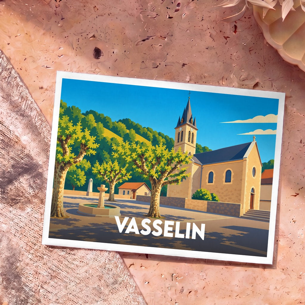 Carte postale souvenir de la ville de Vasselin avec une illustration stylisée de son église et d'une place ombragée.