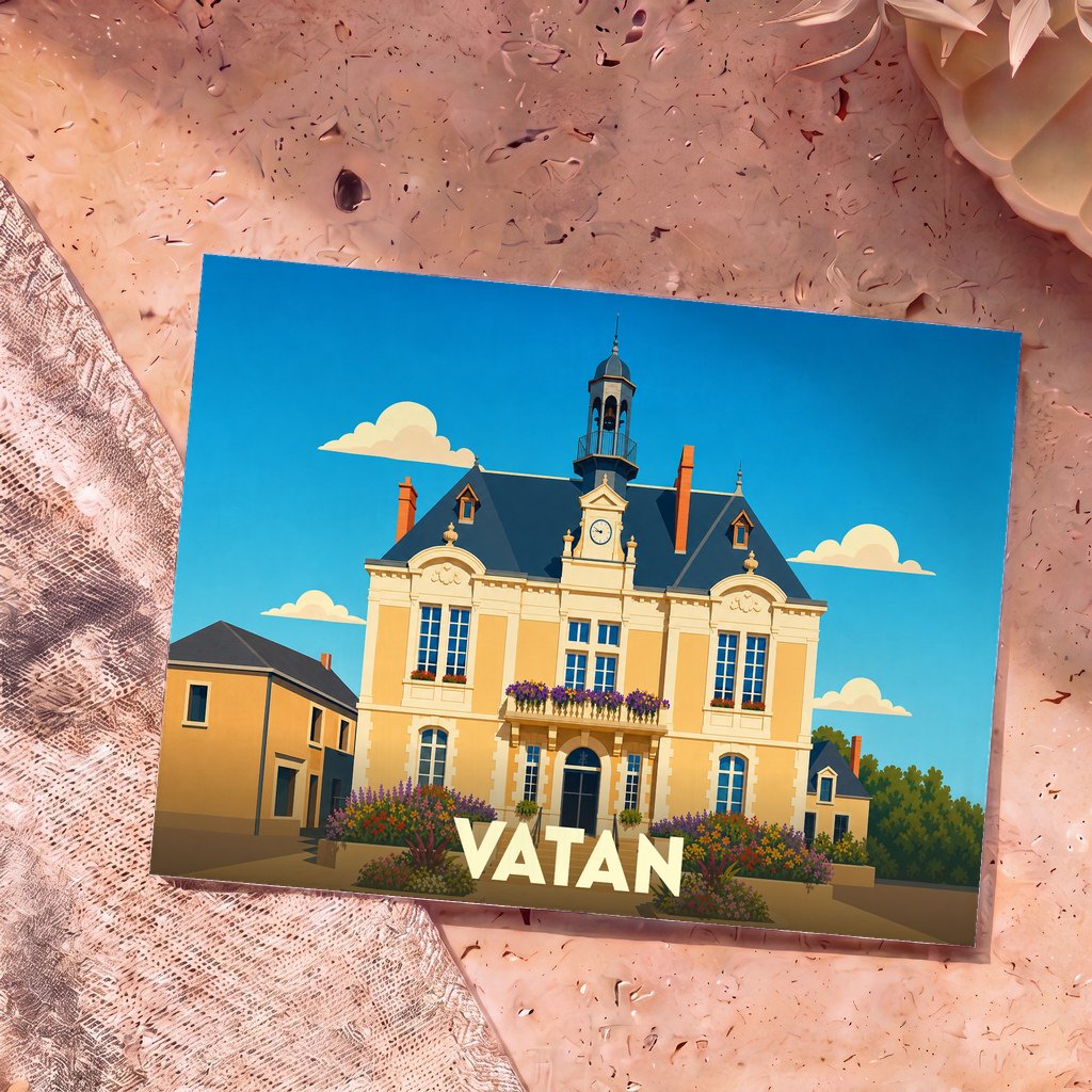 Carte postale souvenir de la ville de Vatan présentant une illustration stylisée de son hôtel de ville sous un ciel bleu.
