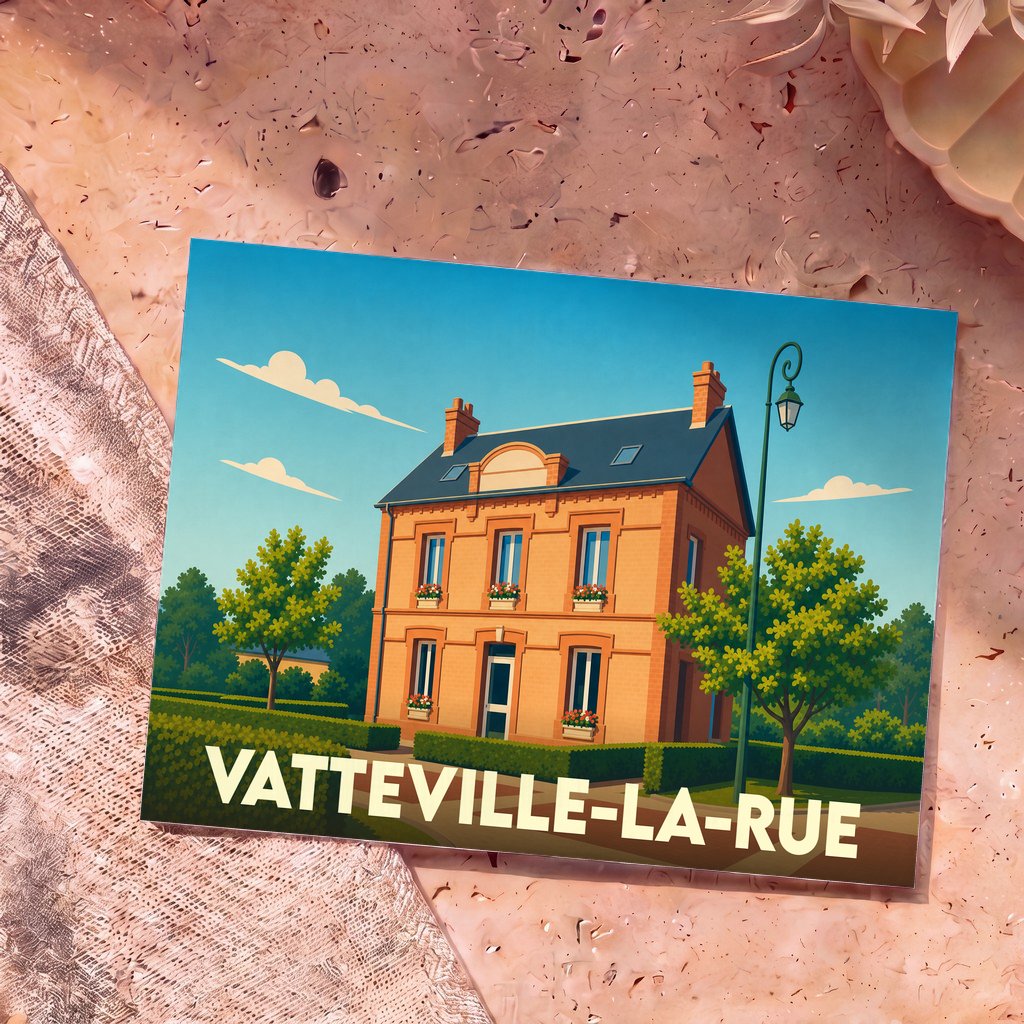 Carte postale souvenir de la ville de Vatteville-la-Rue avec une illustration stylisée d'une maison traditionnelle.