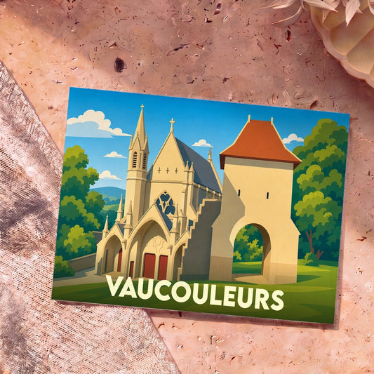 Carte postale souvenir de la ville de Vaucouleurs avec une illustration stylisée de son église et de sa porte fortifiée.