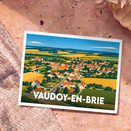 Carte postale souvenir de la ville de Vaudoy-en-Brie avec une illustration stylisée de ses paysages et de son village.