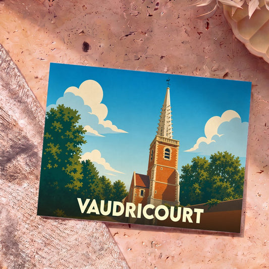 Carte postale souvenir de la ville de Vaudricourt illustrant son église dans un style graphique épuré.