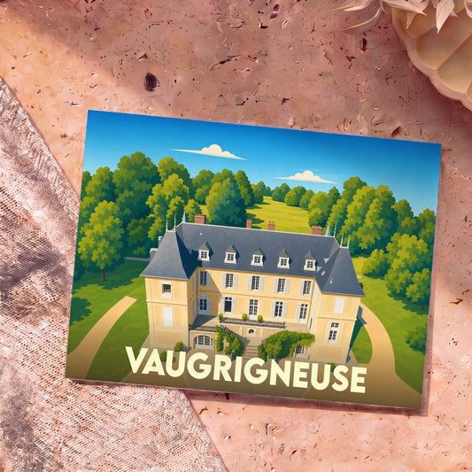 Carte postale souvenir de la ville de Vaugrigneuse illustrant son château dans un style graphique épuré.