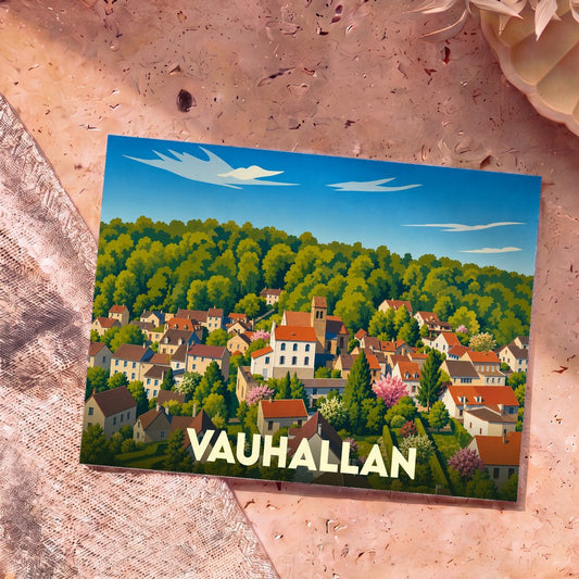 Carte postale souvenir de la ville de Vauhallan avec une illustration stylisée d'un village verdoyant.