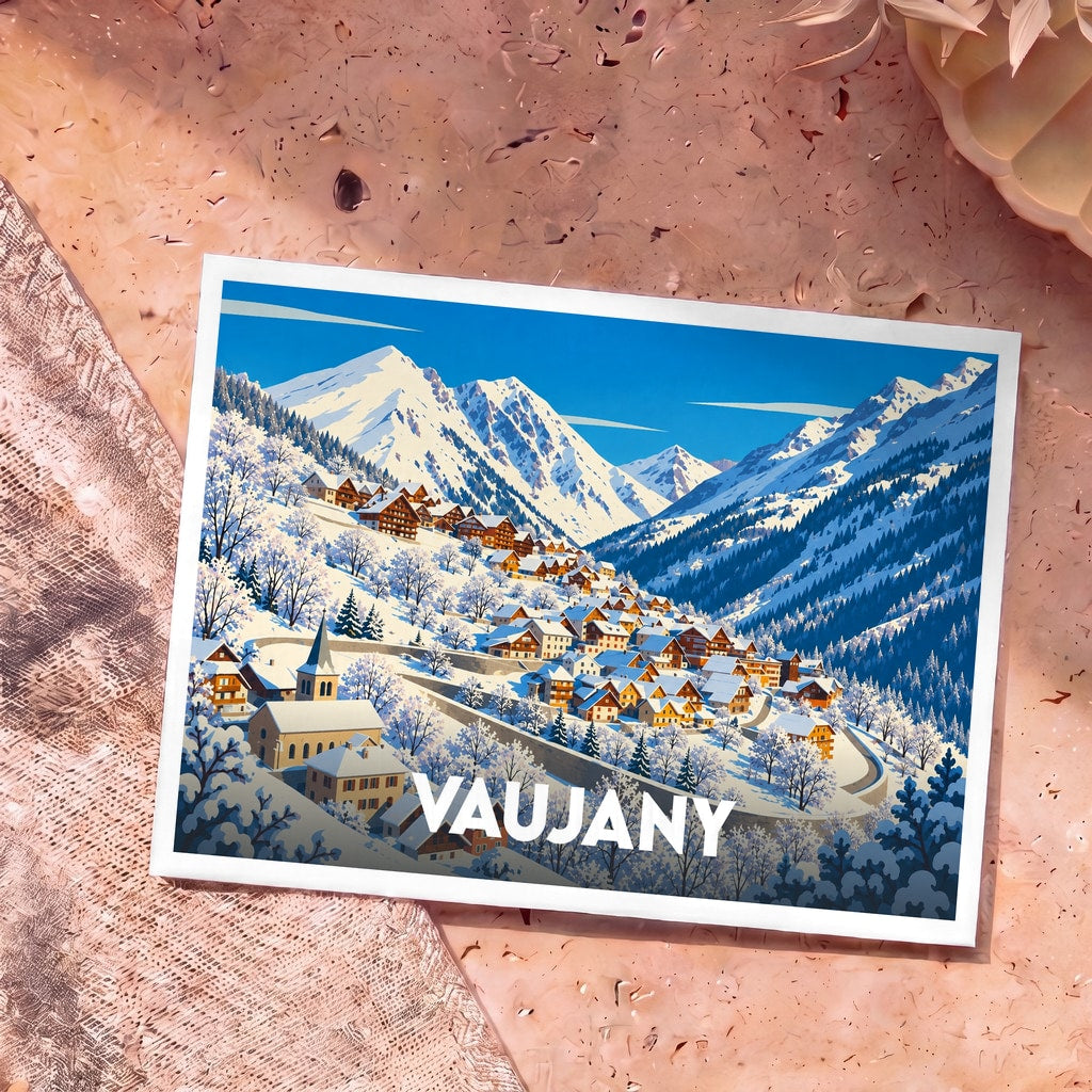 Carte postale souvenir de la ville de Vaujany avec une illustration stylisée d'un village de montagne enneigé.