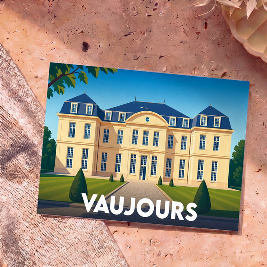 Carte postale souvenir de la ville de Vaujours illustrant le château local dans un style graphique épuré.
