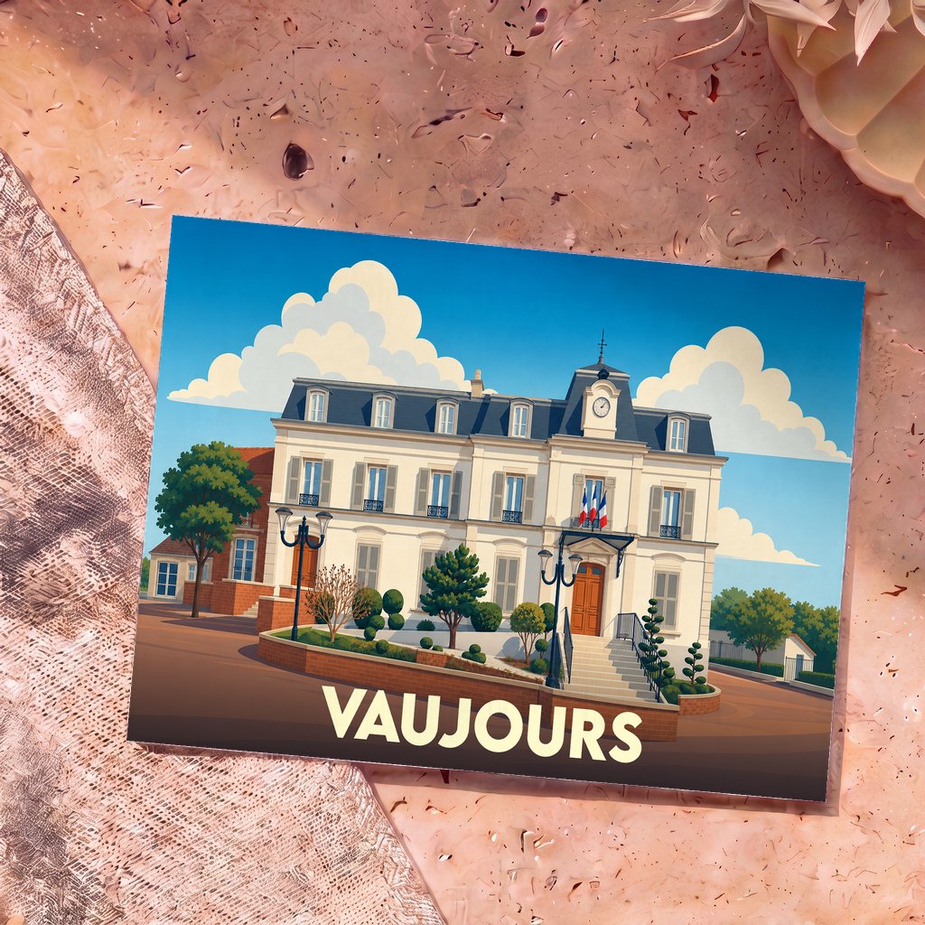 Carte postale souvenir de la ville de Vaujours avec une illustration stylisée de son hôtel de ville.