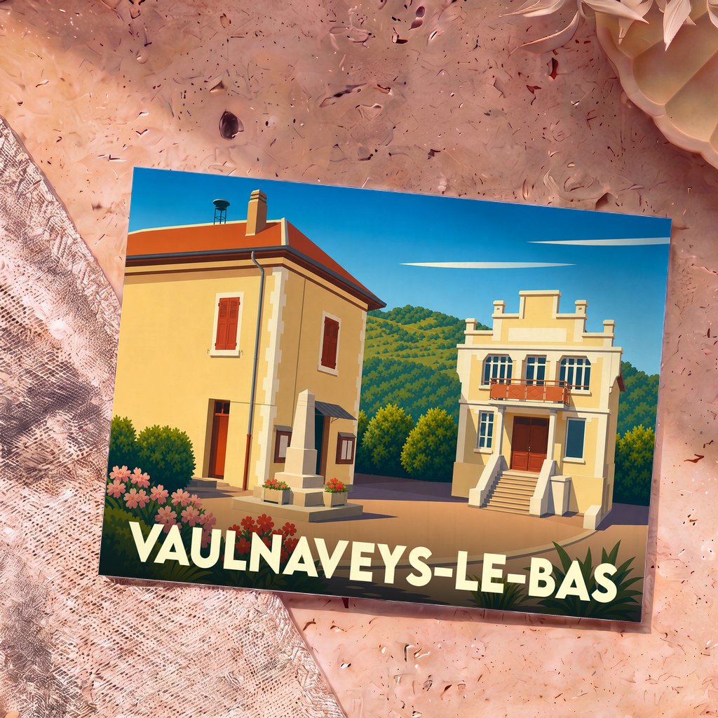 Carte postale souvenir de la ville de Vaulnaveys-le-Bas avec une illustration stylisée de sa place principale.