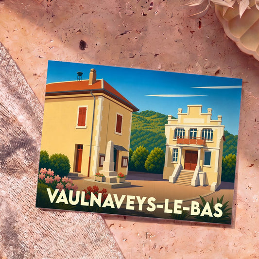 Carte postale souvenir de la ville de Vaulnaveys-le-Bas avec une illustration stylisée de sa place principale.