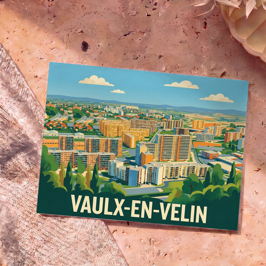Carte postale souvenir de la ville de Vaulx-en-Velin avec une illustration stylisée de son paysage urbain.