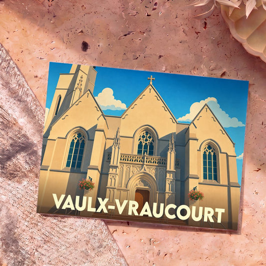 Carte postale souvenir de la ville de Vaulx-Vraucourt illustrant son église dans un style graphique épuré.