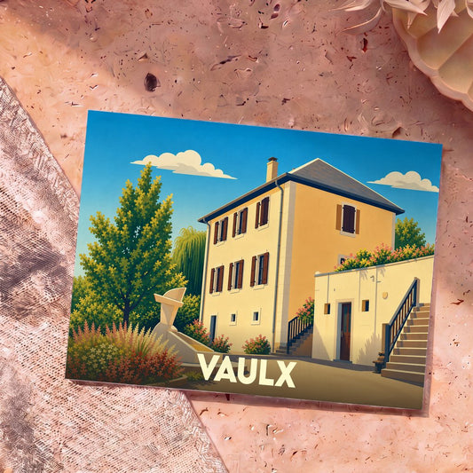 Carte postale souvenir de la ville de Vaulx avec une illustration stylisée d'une maison de campagne sous un ciel bleu.