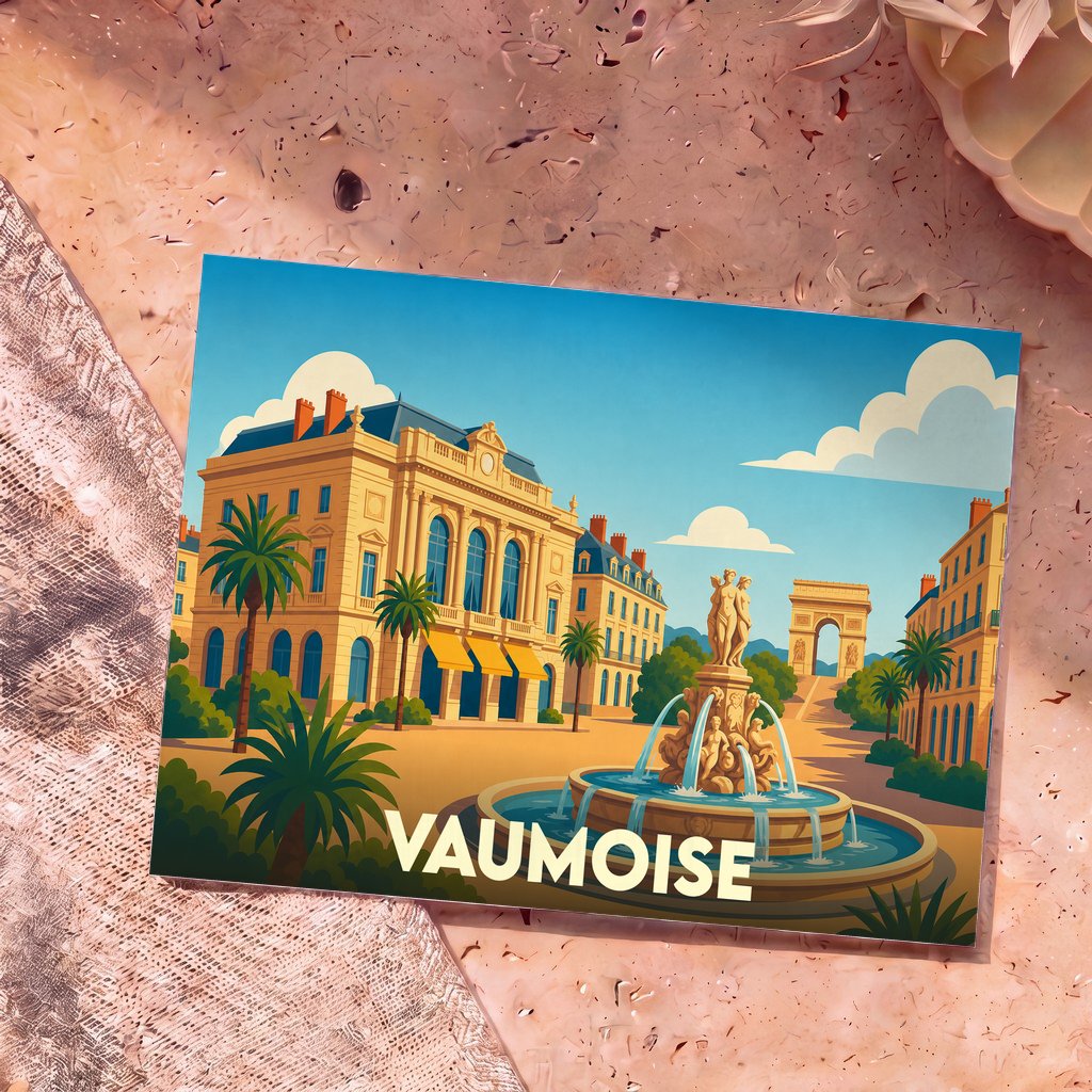 Carte postale souvenir de la ville de Vaumoise avec une illustration stylisée d'une place ensoleillée.