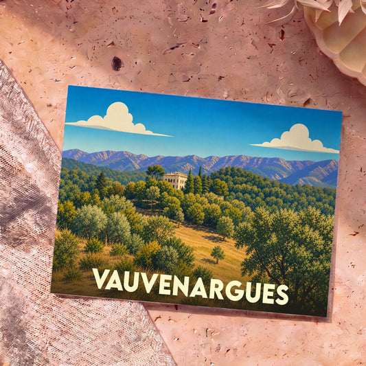 Carte postale souvenir de la ville de Vauvenargues avec une illustration stylisée d'un paysage provençal.