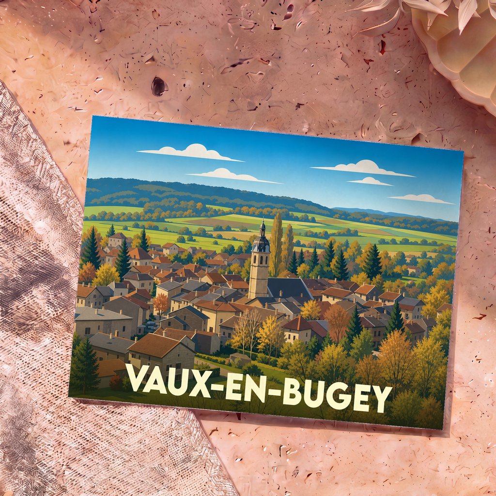 Carte postale souvenir de la ville de Vaux-en-Bugey avec une illustration stylisée d'un village français en automne.