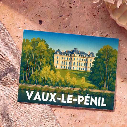 Carte postale souvenir de la ville de Vaux-le-Pénil avec une illustration stylisée du château.