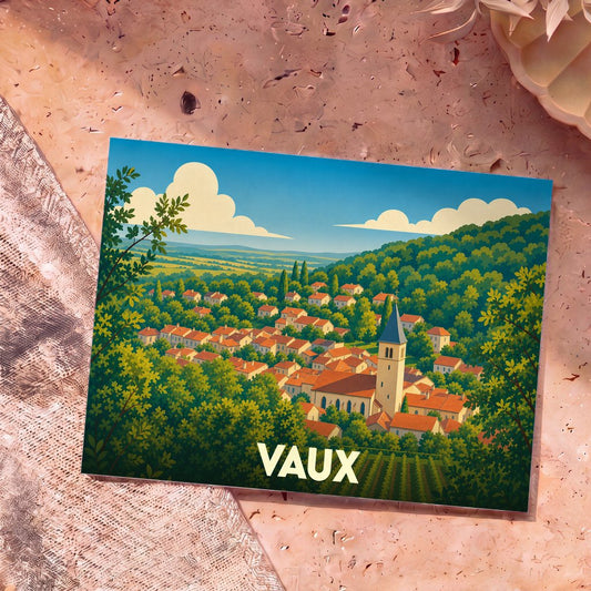 Carte postale souvenir de la ville de Vaux avec une illustration stylisée d'un village vallonné.