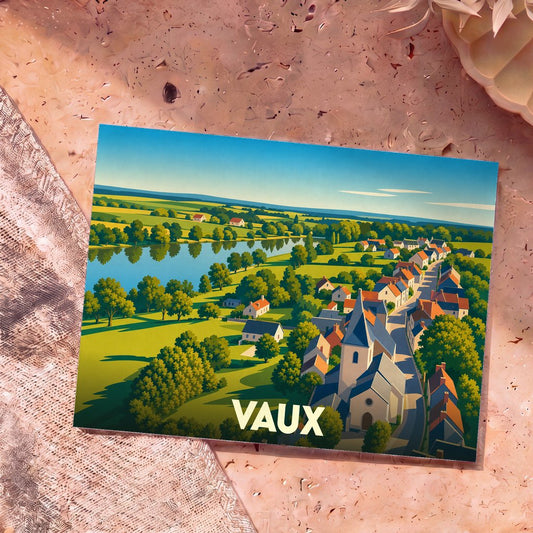 Carte postale souvenir de la ville de Vaux avec une illustration stylisée d'un village en bord de rivière.