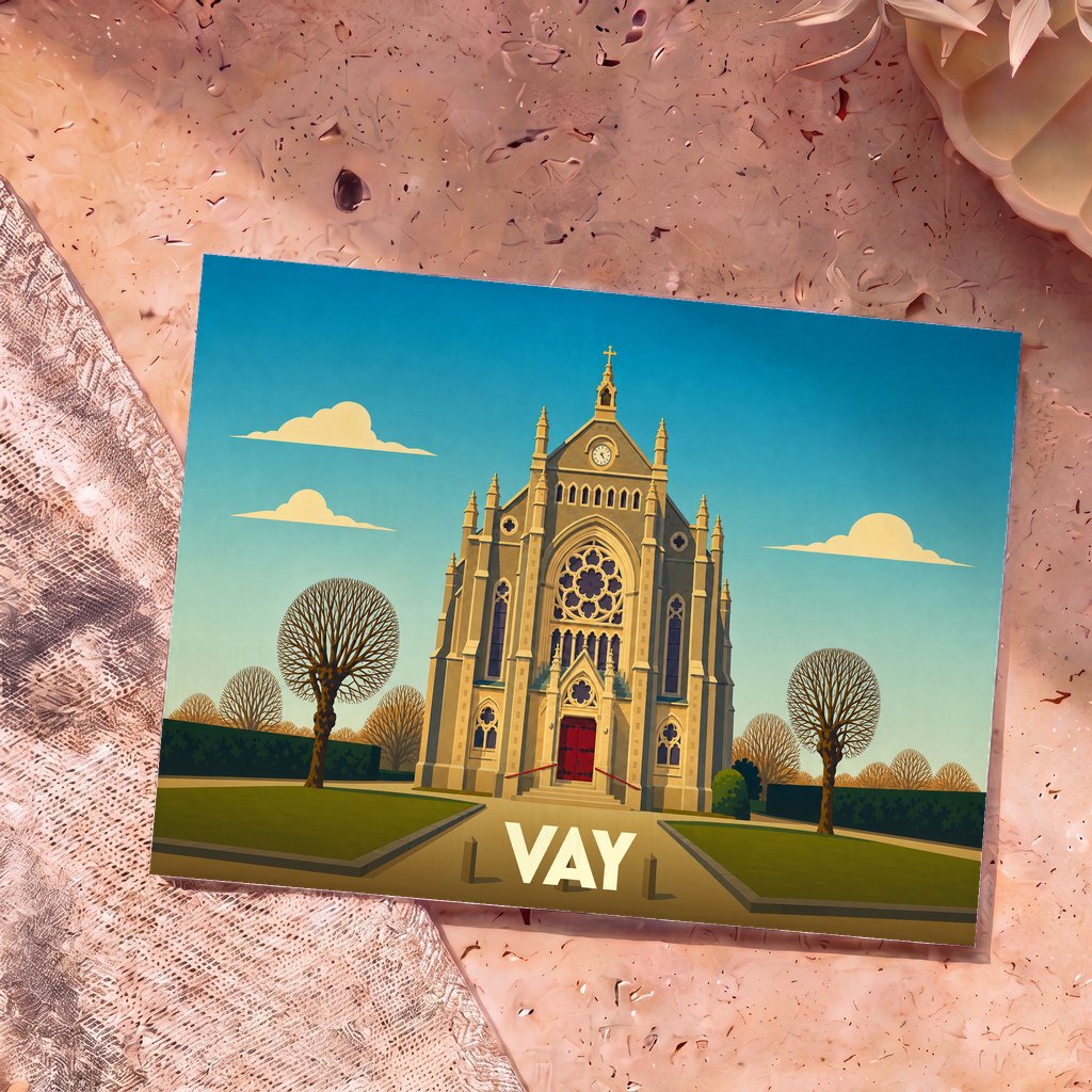 Carte postale souvenir de la ville de Vay avec une illustration stylisée de son église.