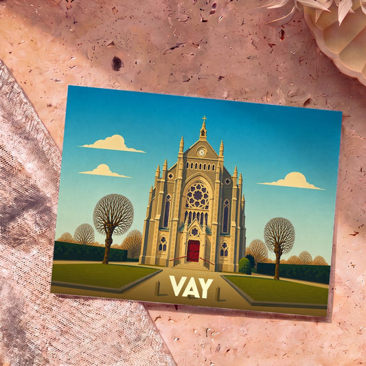 Carte postale souvenir de la ville de Vay avec une illustration stylisée de son église.
