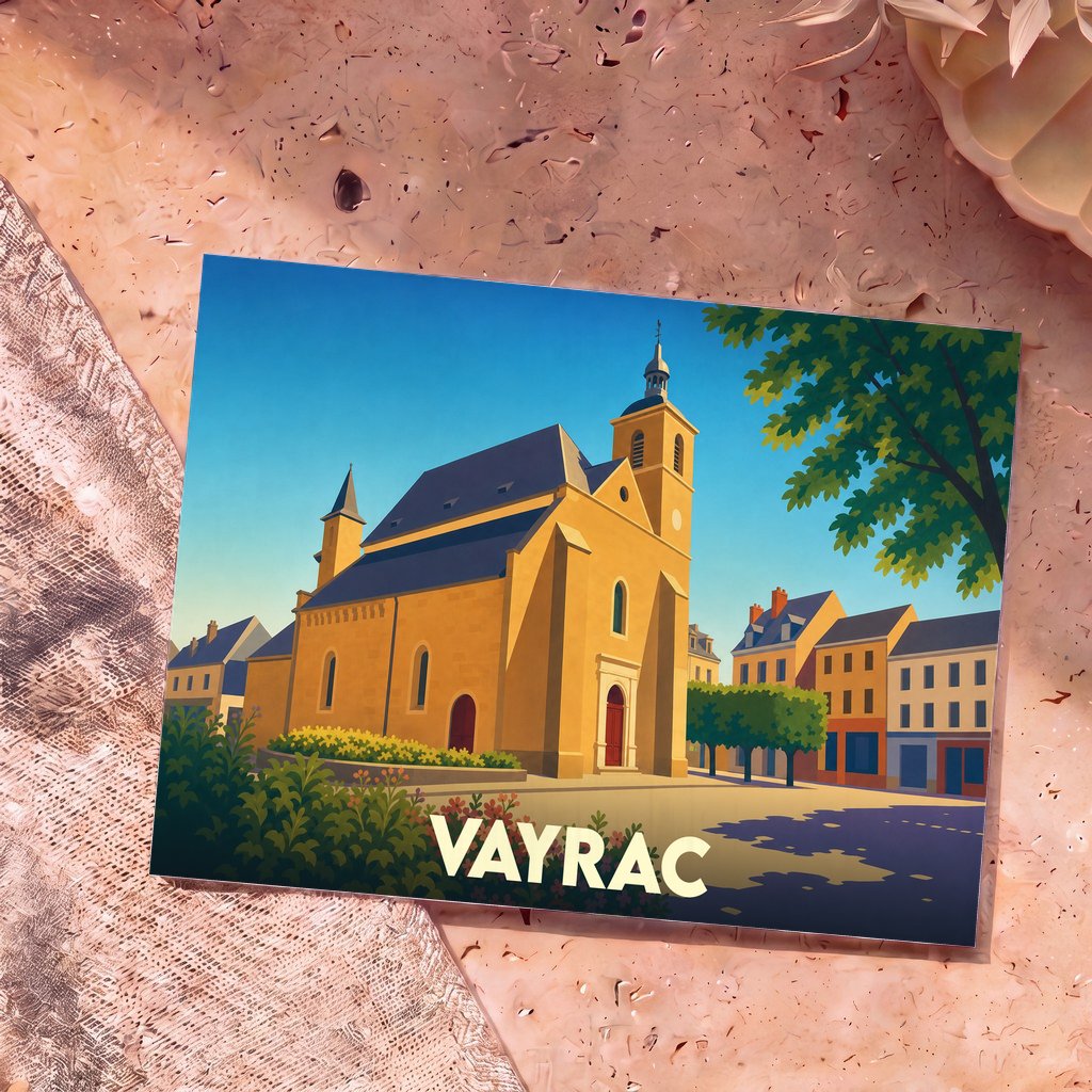 Carte postale souvenir de la ville de Vayrac avec une illustration stylisée de son église sous un ciel bleu.