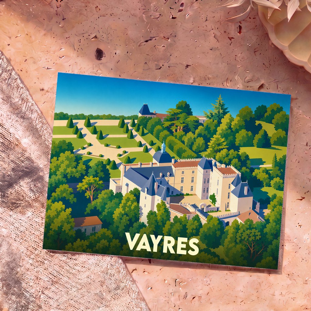 Carte postale souvenir de la ville de Vayres avec une illustration stylisée de son château.