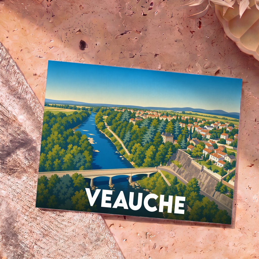 Carte postale souvenir de la ville de Veauche avec une illustration stylisée d'un pont enjambant une rivière.
