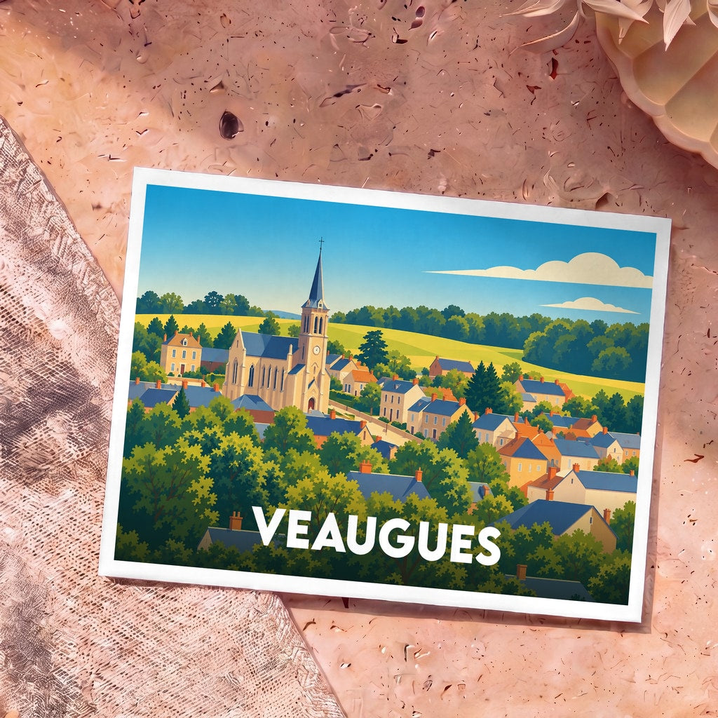 Carte postale souvenir de la ville de Veaugues avec une illustration stylisée d'un village pittoresque.