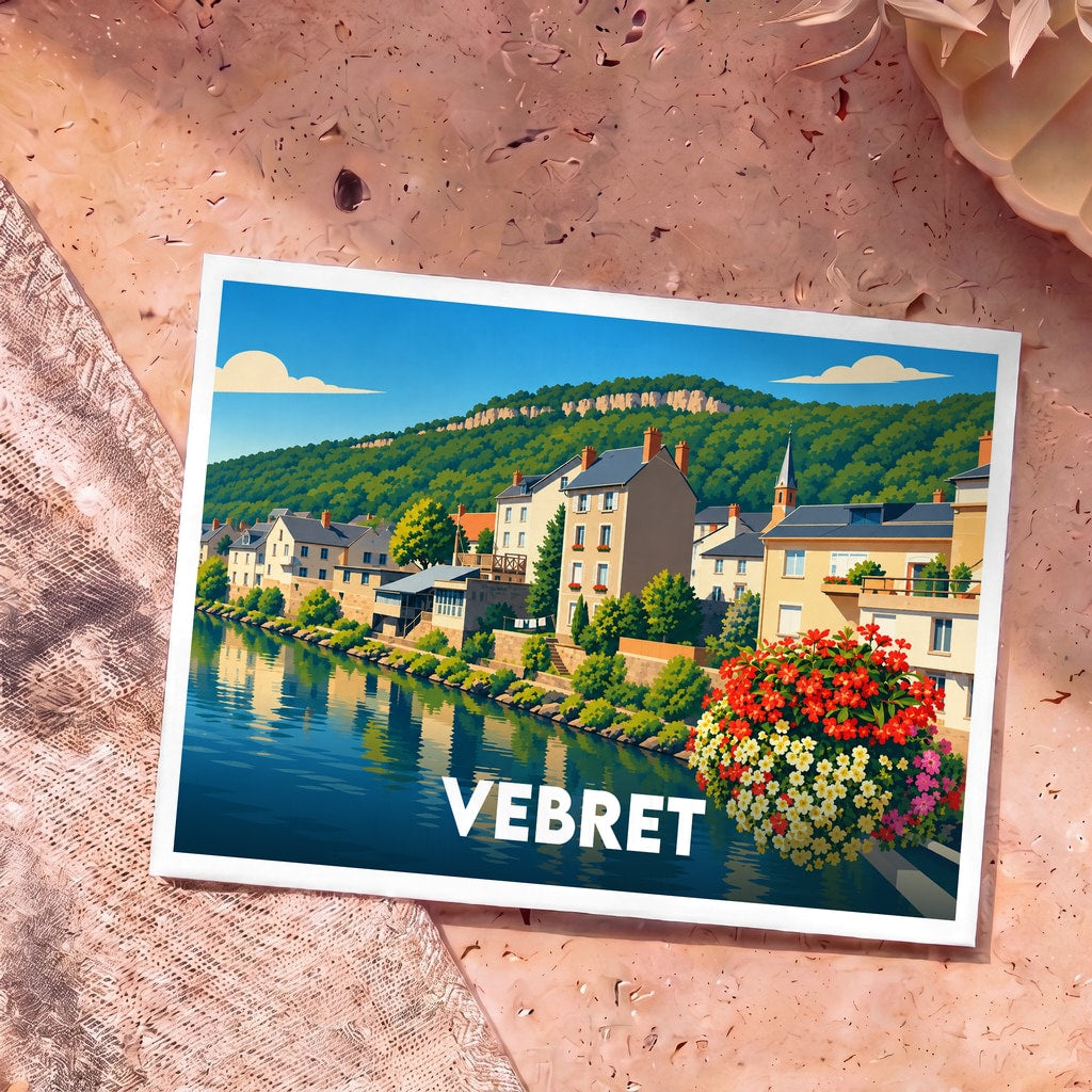 Carte postale souvenir de la ville de Vebret avec une illustration stylisée d'un village en bord d'eau.