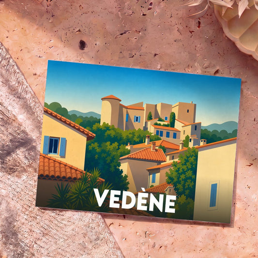 Carte postale souvenir de la ville de Vedène illustrant un village provençal stylisé sous un ciel bleu.