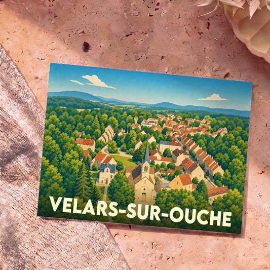 Carte postale souvenir de Velars-sur-Ouche illustrée d'une vue aérienne stylisée du village niché dans la verdure.