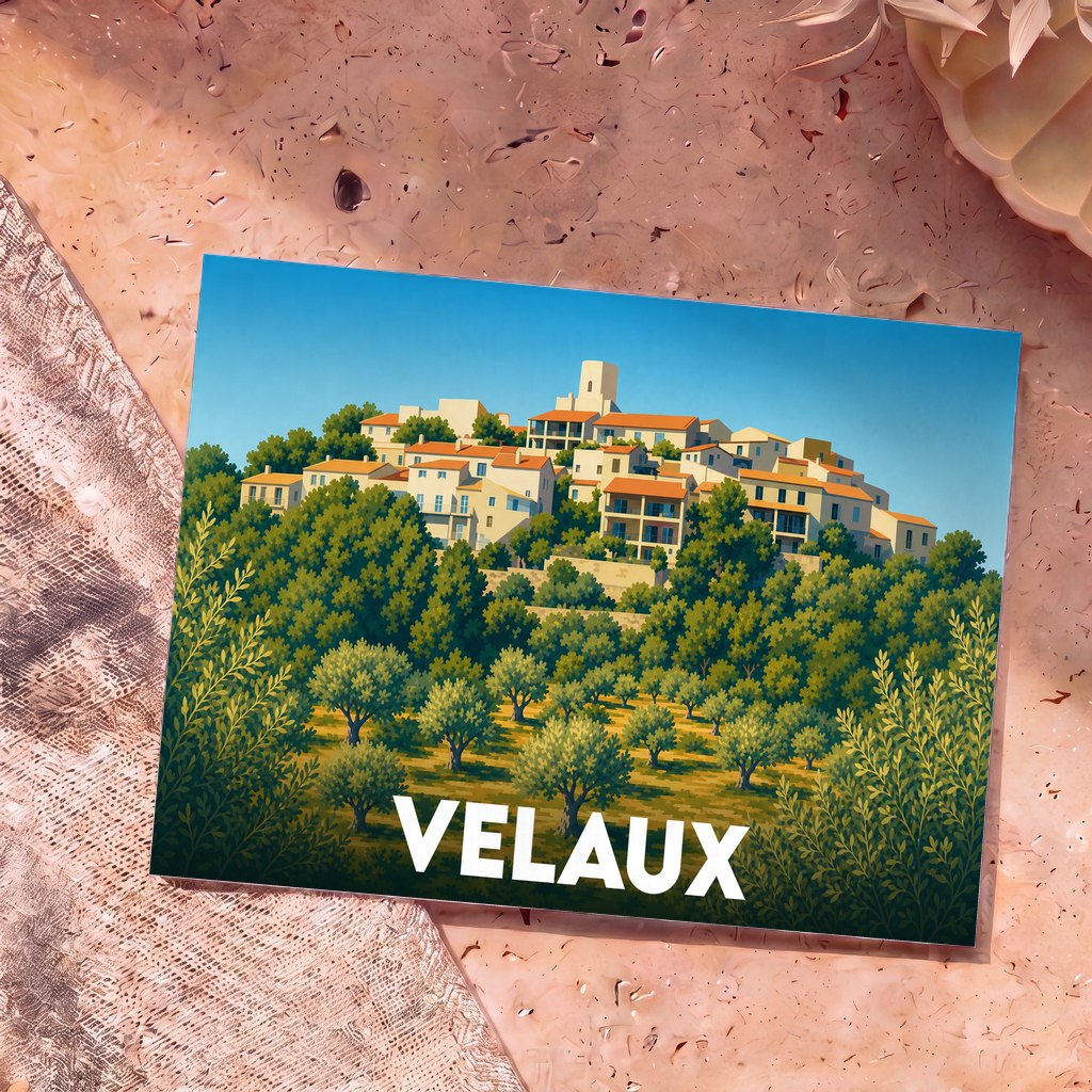 Carte postale souvenir de la ville de Velaux avec une illustration stylisée représentant un village perché entouré d'oliviers.